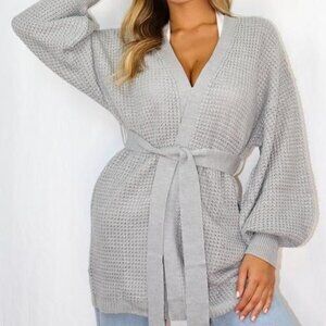 NWT Missguided Gray Belted Balloon Sleeve Knit Cardigan